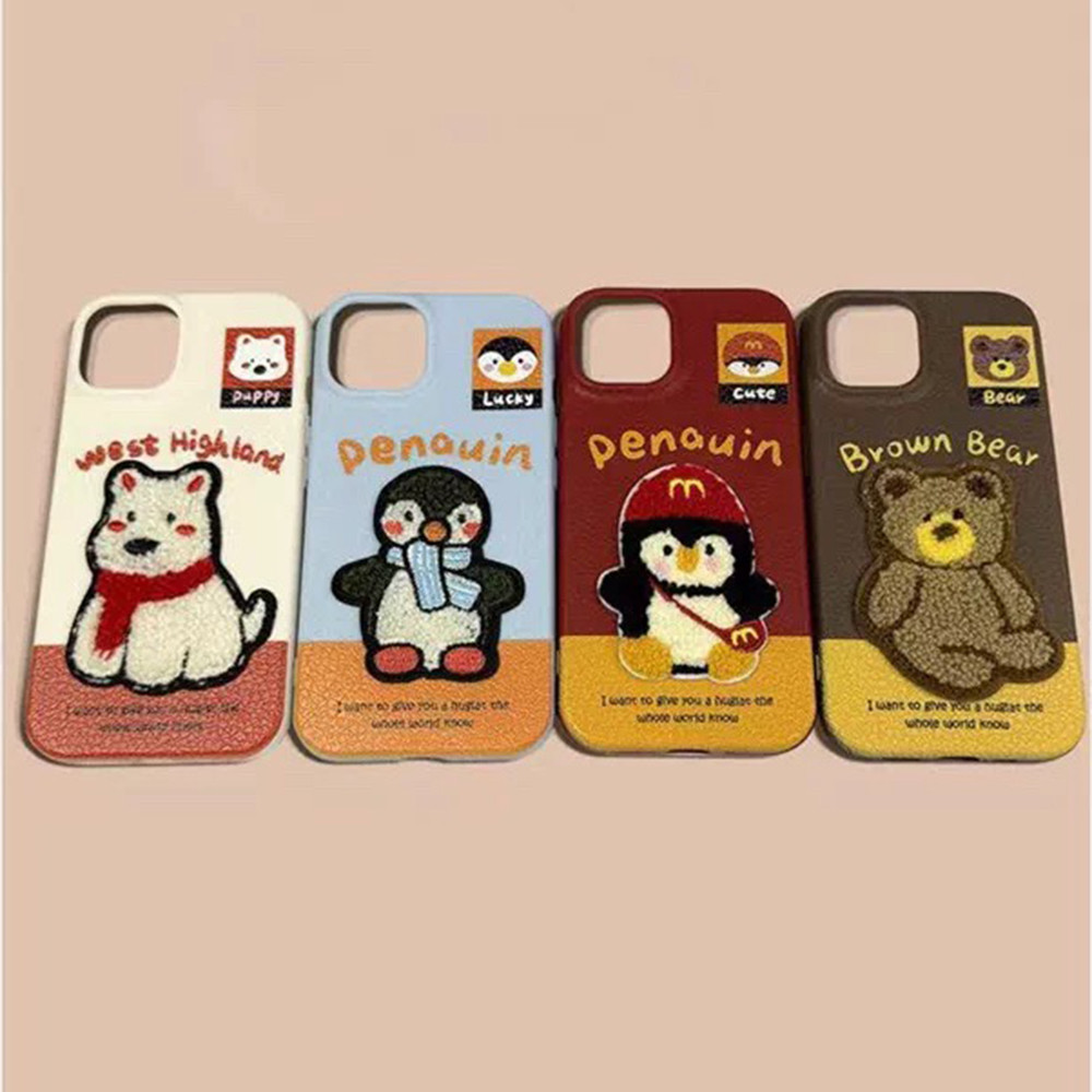 Ốp Điện Thoại Da Chó Gấu Chim Cánh Cụt Thêu 3D Cho iPhone 17 Pro Max 17 Air 16 Plus 15 14 13 12 11 Vỏ Bảo Vệ Chống Sốc