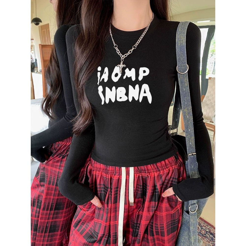 Milyfashion Đức Nhung Chữ In Hình Vai Trước Dài Tay T Thu Đông Skinny Slim-Fit Slim Hơn Nhìn Top Đáy Bên Ngoài Mặc Phong Cách Mới