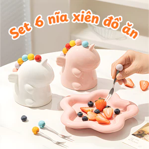 Bộ Nĩa Trái Cây Inox 304 Cao Cấp Kèm Hộp Sứ Hình Kỳ Lân Dễ Thương DINO, Set 6 Nĩa Mini Decor Bàn Ăn Xinh Xắn