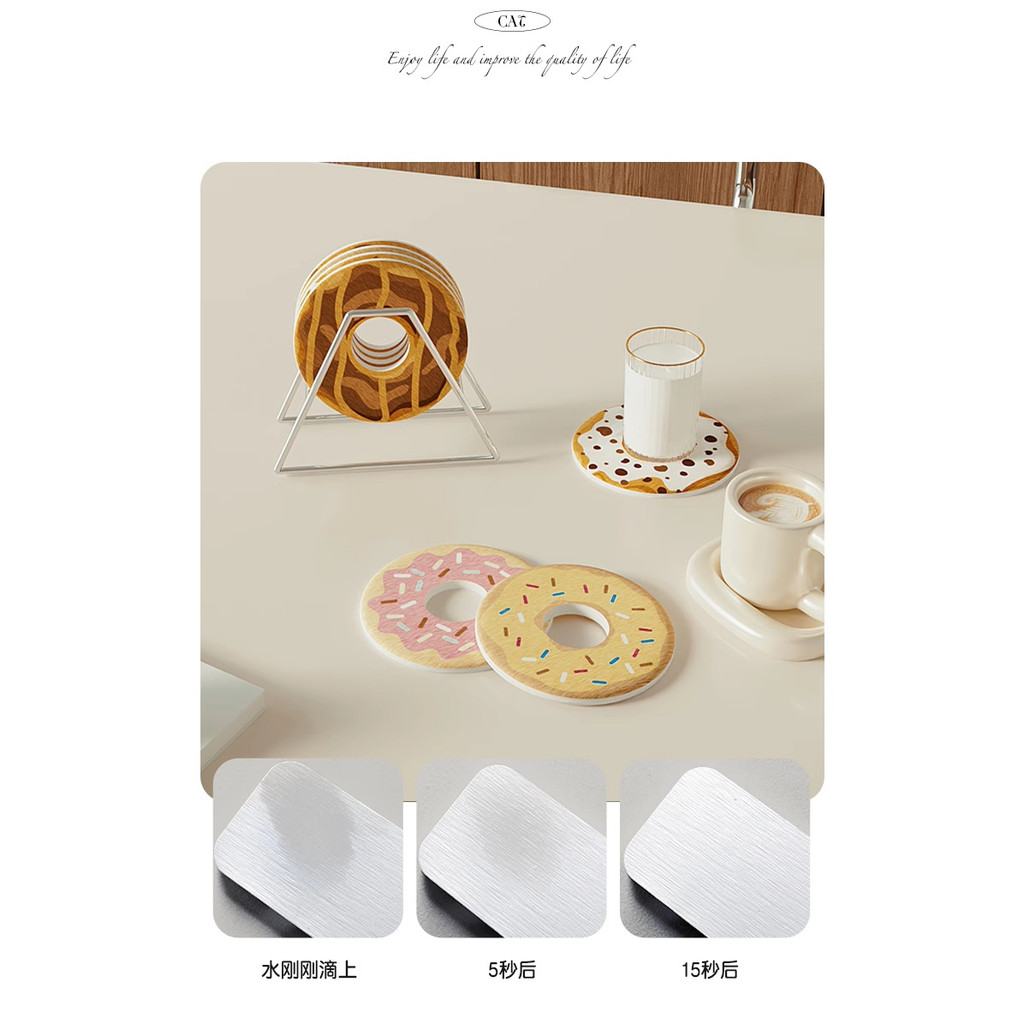 Lót Ly Hình Donut Dễ Thương | Đế Cốc Diatomite Cứng Hút Nước & Cách Nhiệt | Trang Trí Bàn Làm Việc & Phòng Khách