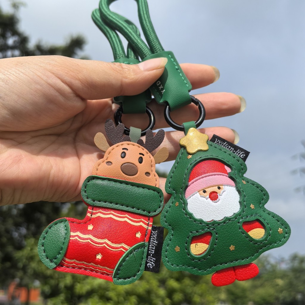 Móc khóa thả Giáng sinh bằng da sáng tạo - Túi da PU màu xanh lá cây dễ thương quyến rũ, Vòng chìa khóa ô tô dành cho nam và nữ
