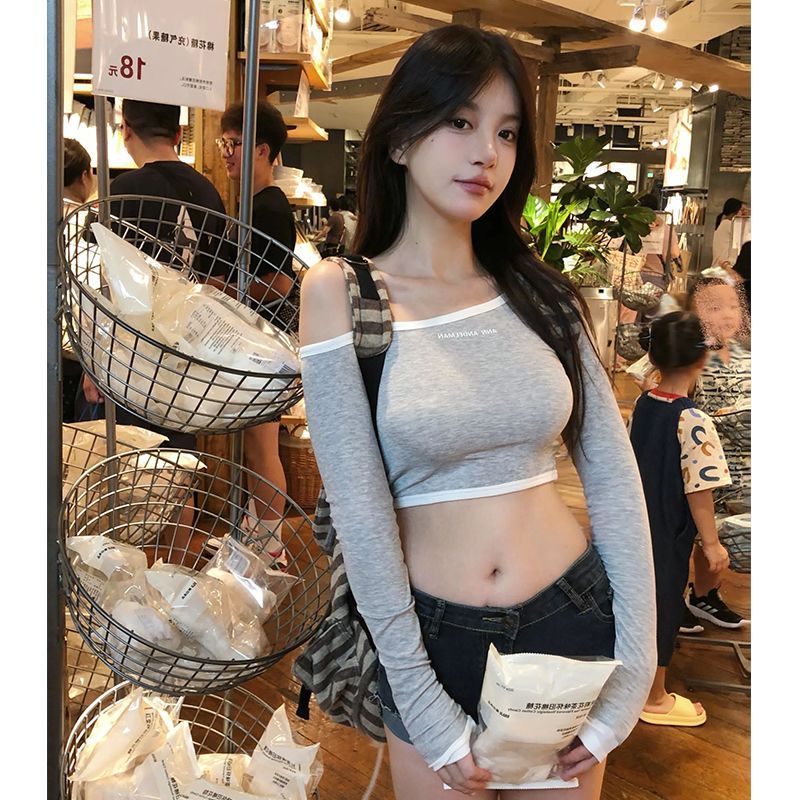 Milyfashion In Chữ xiên Vai quây Áo thun dài tay Slim Short Top baby tee
