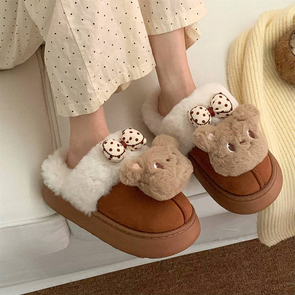 Xixitiao Cotton Dép Lông Cừu Lót Mùa Đông Gấu Dễ Thương Ấm Áp Đế Dày Trong Nhà Ngoài Trời