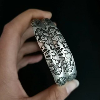 Vòng tay bạc vintage phong cách dân tộc, may mắn và trường thọ - Sản phẩm thủ công
