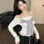Mùa thu mới áo sơ mi sọc dài tay dáng ôm, trễ vai