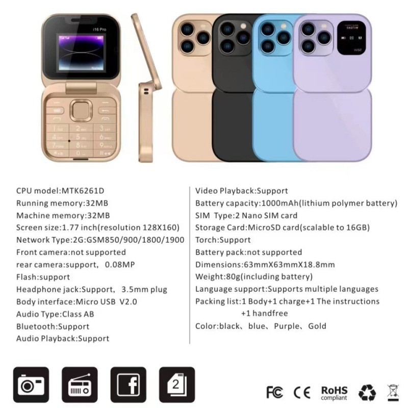 Điện thoại lật mini xuyên biên giới i16 pro Điện thoại lật Thẻ kép 2G Nút Mini Ngoại thương Điện thoại di động Bán buôn