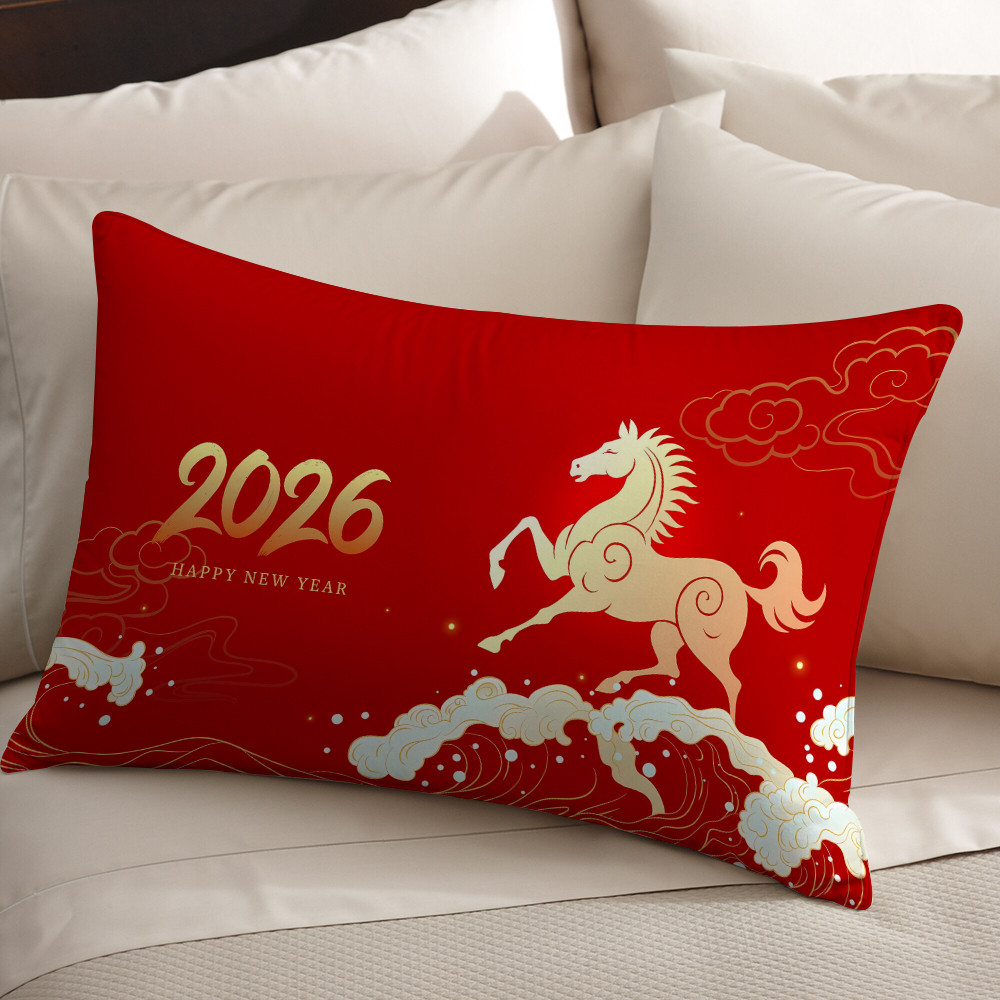 Vỏ gối Polyester hình chữ nhật một mặt chúc mừng Tết Nguyên Đán, có thể giặt được, thích hợp để trang trí phòng khách giường Sofa (không bao gồm lõi)