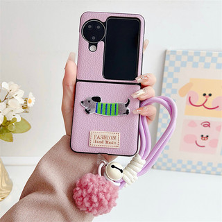 Vỏ da PU hình chó hoạt hình dễ thương có dây buộc Oppo Find N3 N2 Flip Case với vòng tay quả cầu tóc Vỏ cứng chống sốc