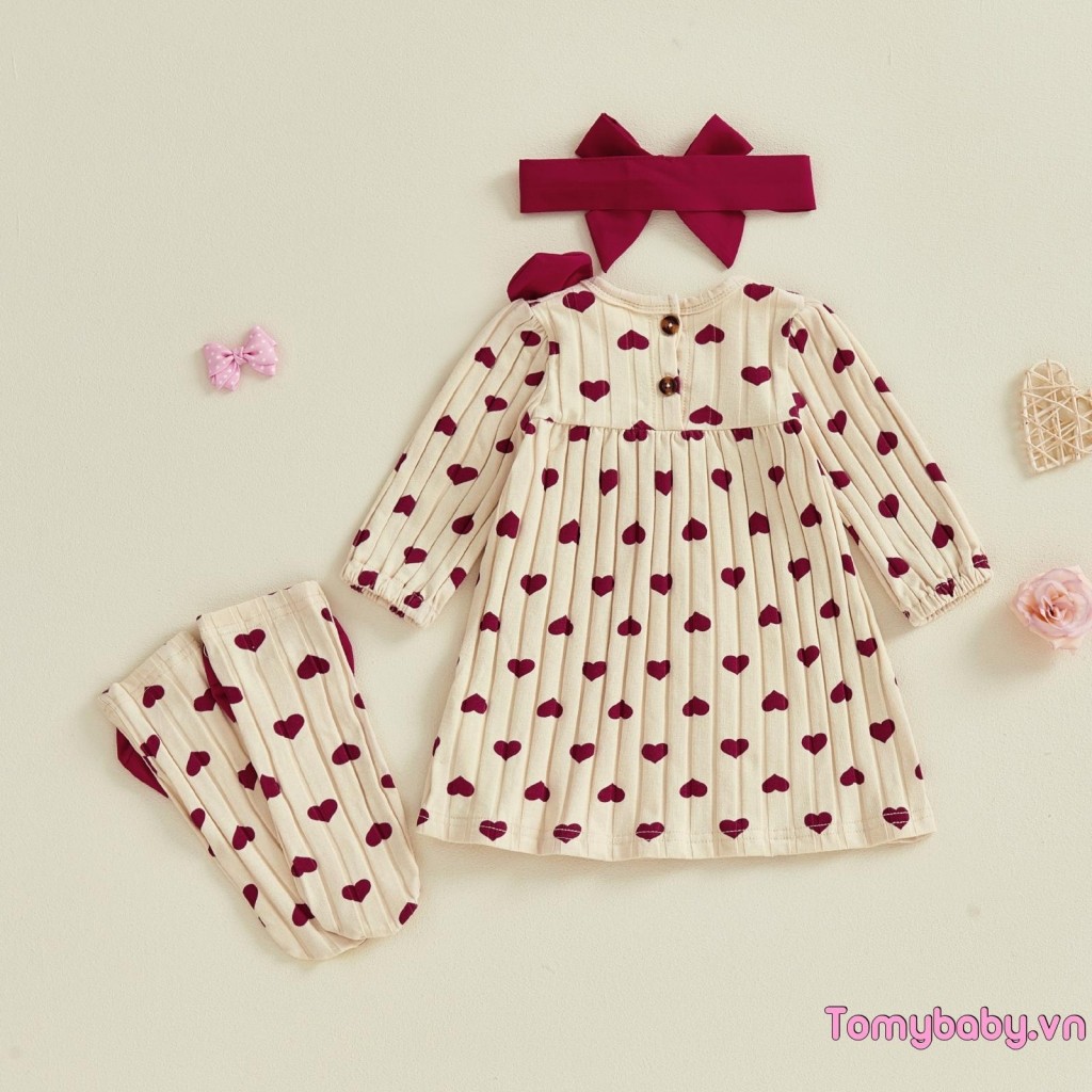 Váy Valentine cho bé gái Váy dài tay in hình trái tim dễ thương kèm vớ và băng đô