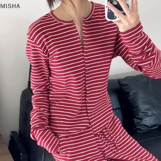 Misa Phong Cách Hàn Quốc Hoa Hồng Sọc Đỏ Bộ Đồ Ngủ Nữ Dài Tay Quần Cardigan Mặc Ngoài Bộ Quần Áo Gia Đình
