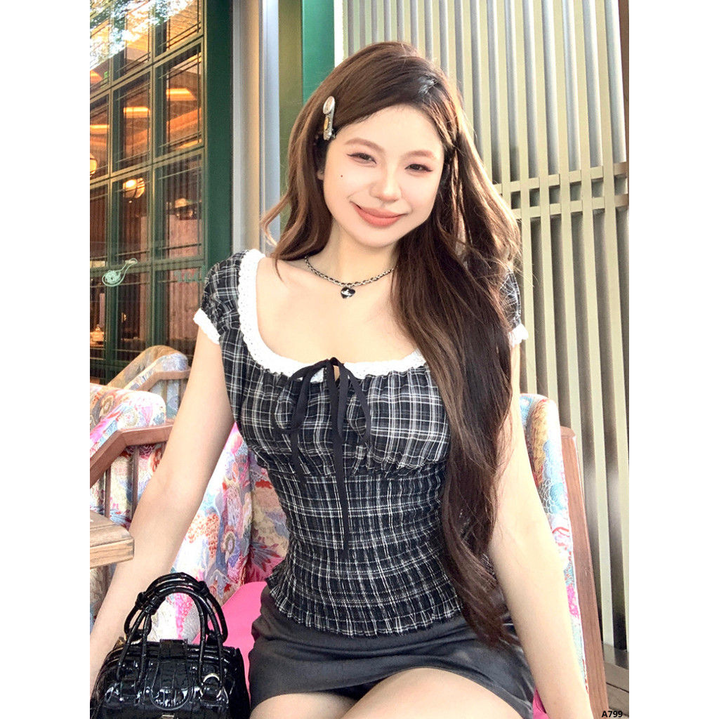 Áo Cổ Vuông Bèo Ren, Áo Kiểu Nữ Trễ Vai Tay Phồng Thiết Kế Thân Smock Ôm Eo Dễ Thương_A799