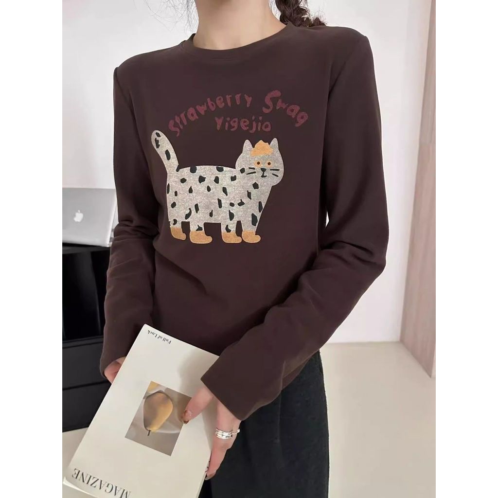 Milyfashion Chải Bên Trong Dài Tay Mèo In Hình Thu Đông Bên Trong Dày Đức Nhung Đáy Top