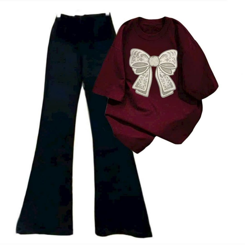 Mẫu bộ đồ nữ quần ống loe kết hợp áo phông su cotton -hình NƠ TRẮNG -IN GIỮA-QUANAO94