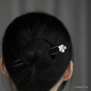 Kẹp tóc Ebony hình chữ U phong cách Trung Quốc, họa tiết hoa tươi, cao cấp