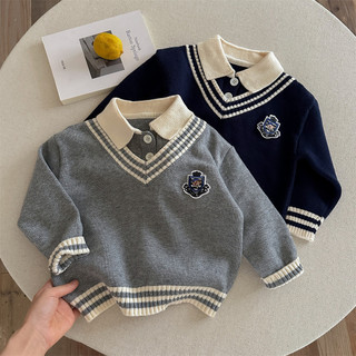 Áo len cổ polo trẻ em thêu áo hai mảnh giả