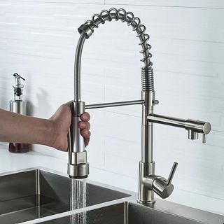 Vòi trộn nước nóng lạnh kéo xuống phong cách lò xo, vòi inox màu vàng chải, vòi nguyên chất đa chức năng, cung cấp nước sạch và tốt cho nhà bếp