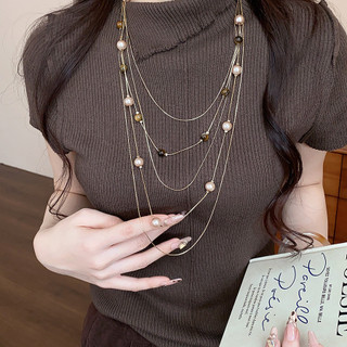 Vòng cổ nhiều lớp bohemian ngọc trai, dây xích vàng, thời trang cho nữ