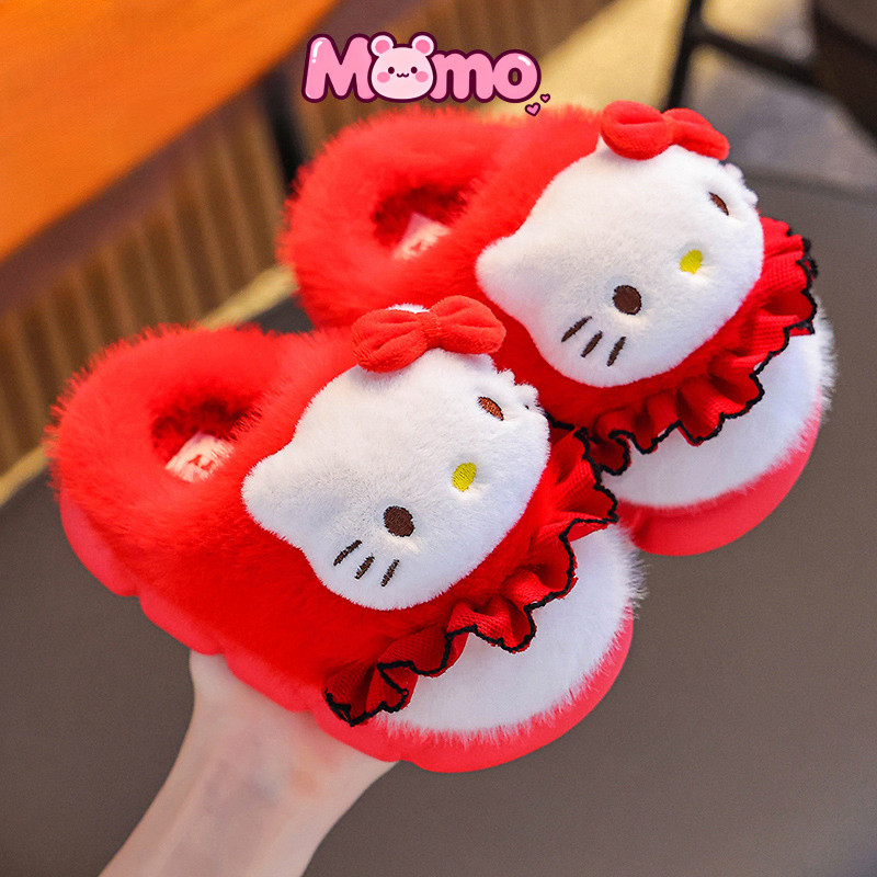 Sanrio Thu Đông Trẻ Em Dép Cotton Bé Gái Lông Cừu Ấm Áp Kuromi Cha Mẹ-Con Nhà Giày Cotton Dày
