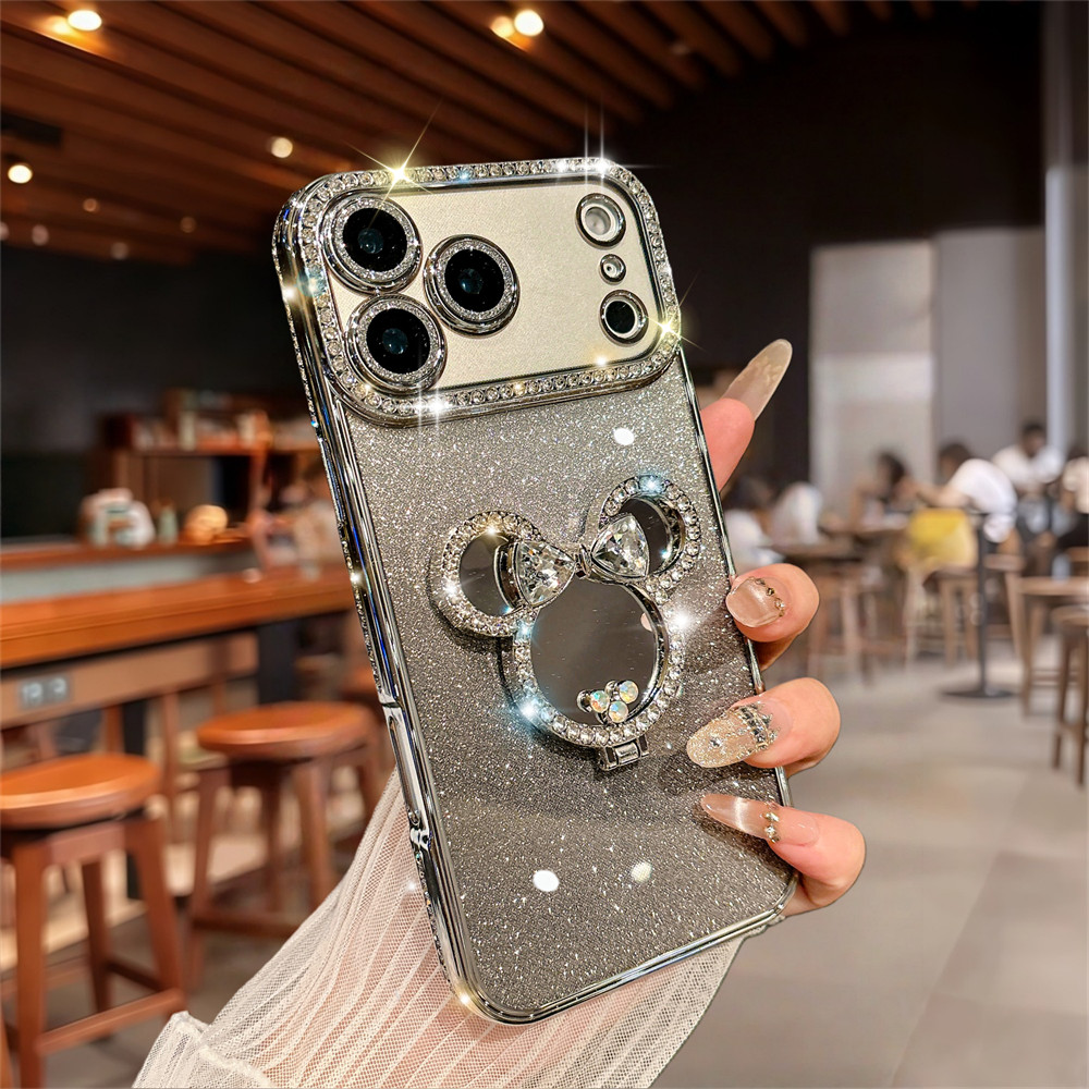 Ốp Điện Thoại Đứng Gương Kim Cương Flash Sang Trọng Cho iPhone 17 Pro Max 16 12 13 14 15 Pro Max Ống Kính Bảo Vệ Camera Vỏ Chống Sốc TPU Vỏ Mềm Vỏ Bảo Vệ Điện Thoại