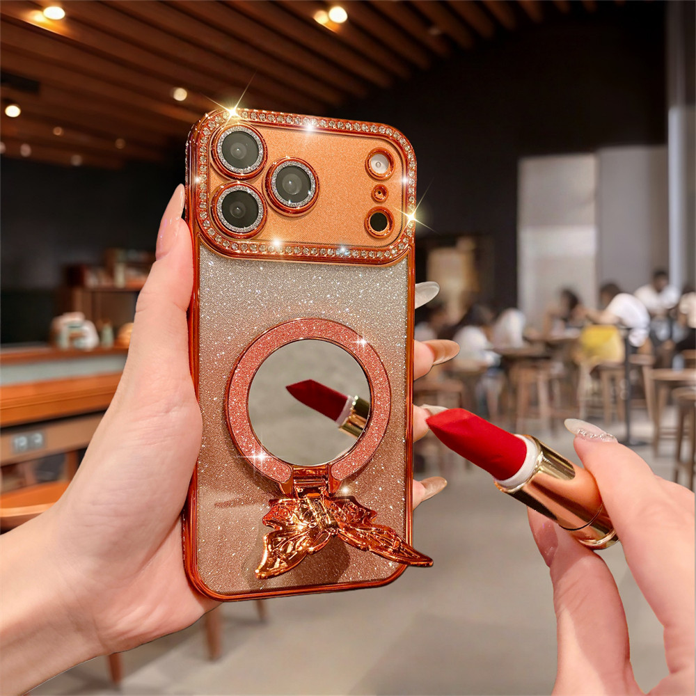 Ốp điện thoại giá đỡ gương bướm lấp lánh cho iPhone 17 Pro Max 16 11 12 13 14 15 pro max Air 15 16 plus Ống kính bảo vệ Camera Vỏ chống sốc TPU mềm điện thoại