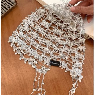Mũ trang sức ngọc trai và dây chuyền kim loại handmade, thời trang cho tóc tua rua