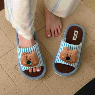 XIXITIAO Dép bông nam nữ họa tiết gấu phối màu, chất liệu cotton lanh thoải mái