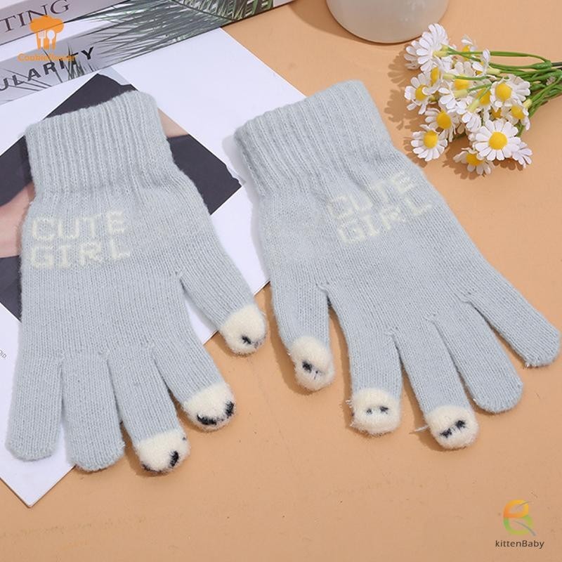 Găng Tay Len Nữ AKubi Dệt Kim Hở Đầu Ngón, Họa Tiết Đôi Mắt