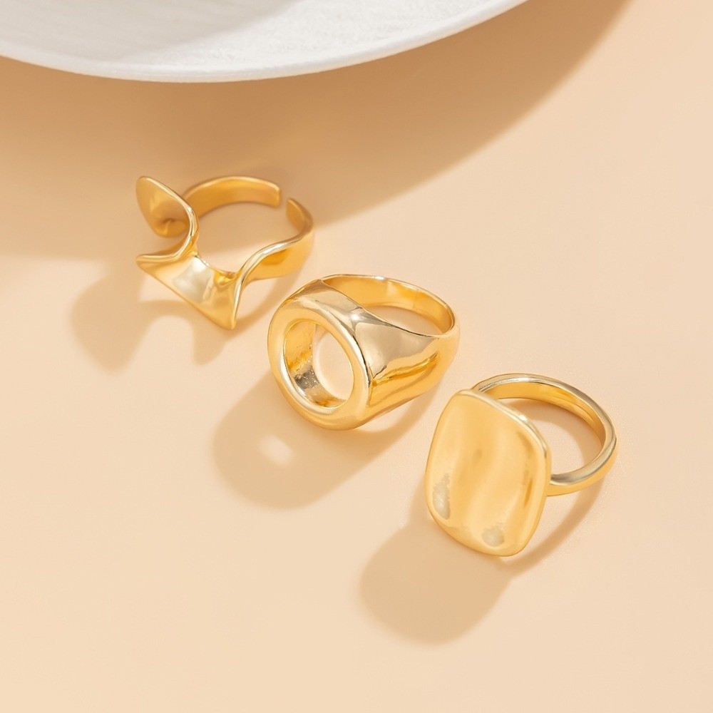 Nhẫn mở bất đối xứng 3 cái/set, thiết kế vòng xoắn hình học bóng mịn, phù hợp trang sức dự tiệc nữ