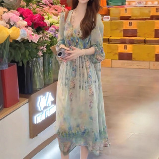 Váy cổ chữ V in hoa hai mảnh phong cách Pháp cao cấp dành cho nữ