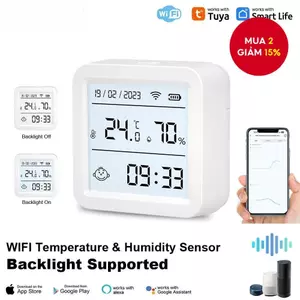 Cảm biến nhiệt độ và độ ẩm thông minh Tuya WiFi, Máy đo độ ẩm có đèn nền Tương thích với Alexa và Google Assistant