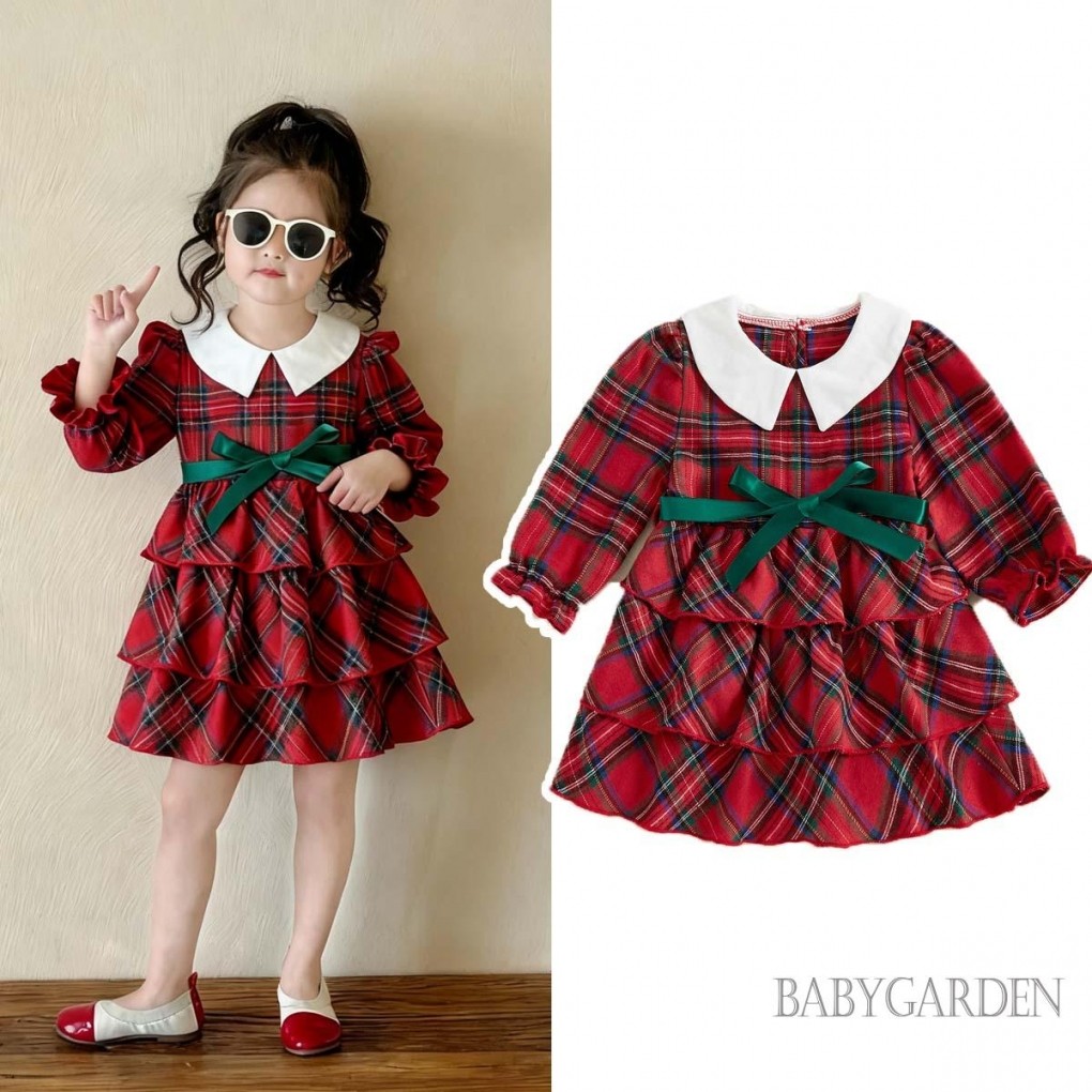 Bé Gái Tập Đi Giáng Sinh Kẻ Sọc Cổ Búp Bê Dài Tay Chữ A Lớp Ruffle Đầm