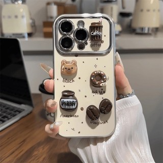Vỏ Gấu Coffe 3D Hoạt Hình Dễ Thương + Dây Xích Cho IPhone 16 11 15 14 13 12 Pro Max X Xr Xs Max 6 6s 7 8 Plus SE 2020 Vỏ Điện Thoại Bảo Vệ Ống Kính Chống Sốc Mềm + Giá Đỡ Vỏ Đen