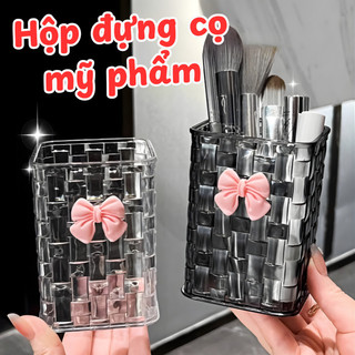 Hộp đựng cọ trang điểm trong suốt nơ hồng, Hộp nhựa đựng mỹ phẩm để bàn sang trọng tiện lợi