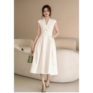 đầm nữ trắng basic dáng dài tiệc sang chảnh dự tiệc cao cấp đầm xinh pháp tiểu thư suông dài có tay