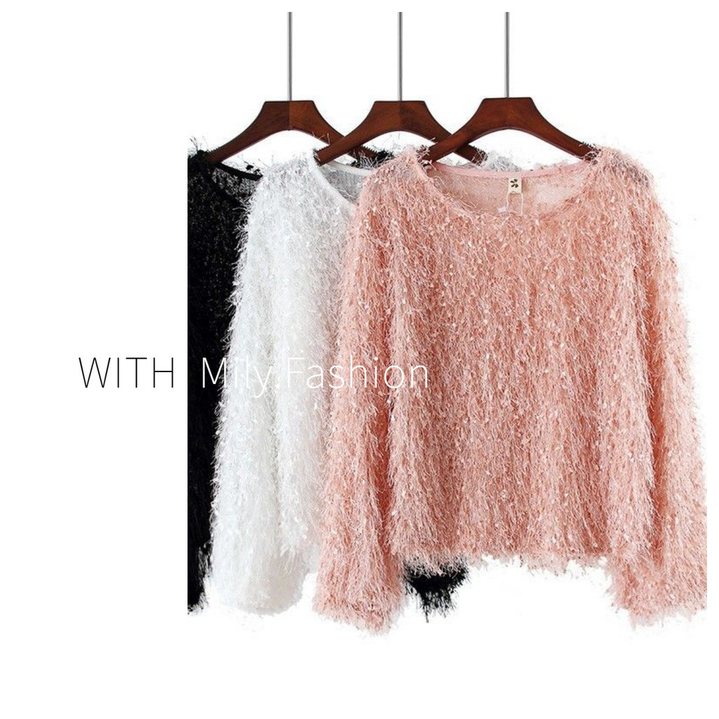 Milyfashion Chui Đầu Viền Top Mùa Thu Phong Cách Mới Rời Cổ Tròn Lông Tơ Sáng Lụa Dài Tay Áo Thun Đế