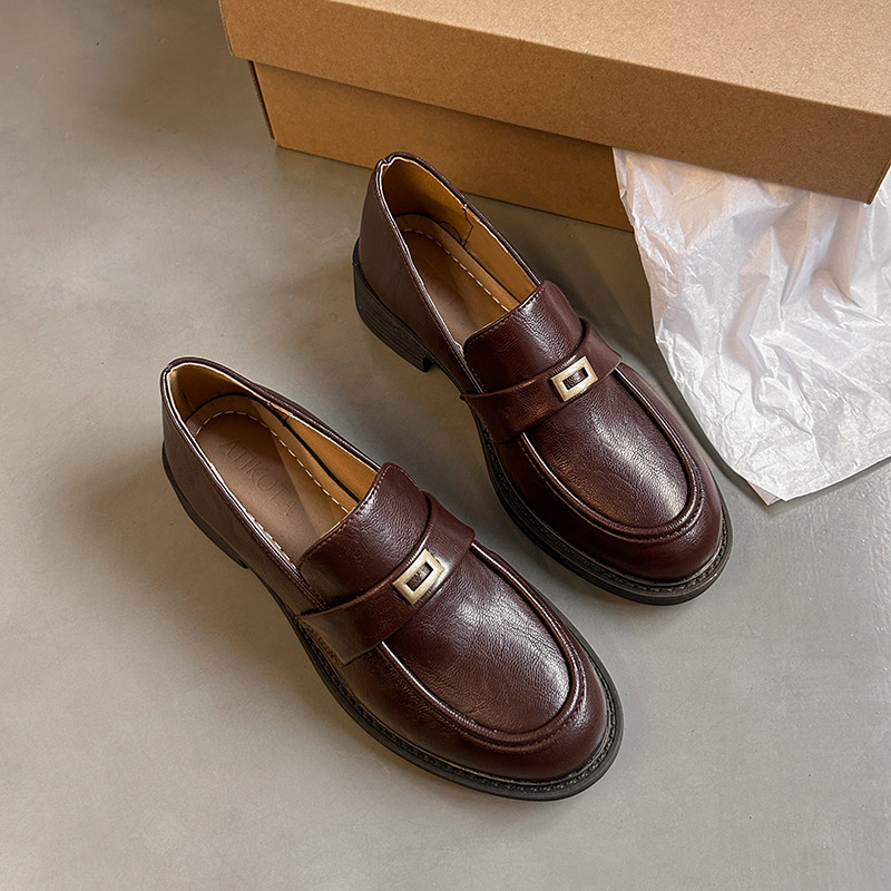 Atikota Nữ Loafers Thời Trang Đơn Giản Kim Loại Trang Trí Thường Ngày Retro Da Mềm Ngón Chân Tròn Thoải Mái Giày Đơn