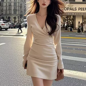 Đầm Màu be nữ phong cách lịch sự đầm hàn quốc nữ nhẹ nhàng đầm thiết kế cao cấp dạ hội váy liền thân