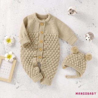 MG-Infant Baby 2 Bộ trang phục mùa đông Áo liền quần dệt kim màu trơn dài tay + Bộ mũ gấu