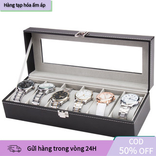 Hộp đựng đồng hồ mẫu mới 6 ngăn với vỏ da sang trọng và lót nội thất màu xám mang lại vẻ đẹp hiện đại