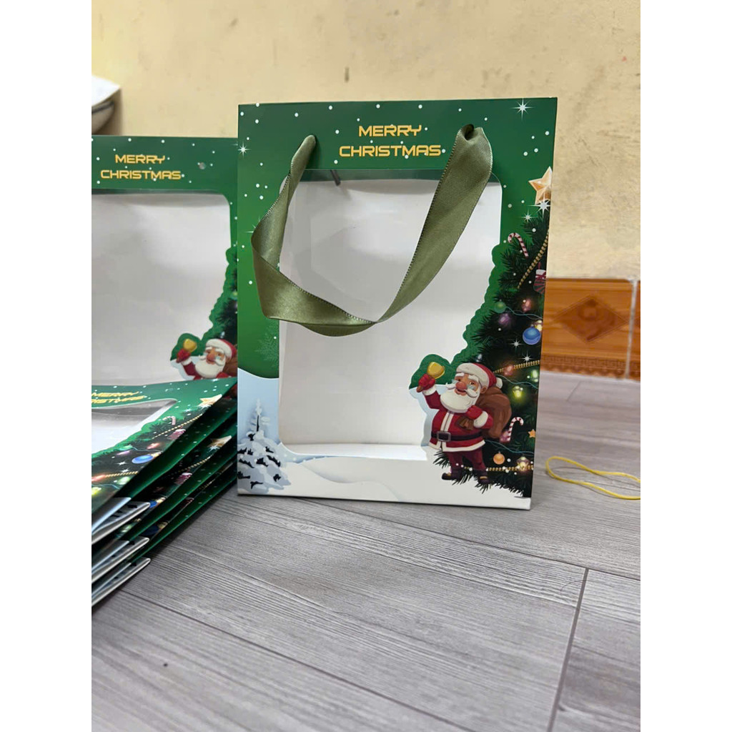 Combo 10 Túi Đựng Quà Noel Cửa Sổ Trong Mica – Túi Giấy Giáng Sinh Xanh Đựng Quà Tặng Lễ, Bao Bì Noel Đẹp
