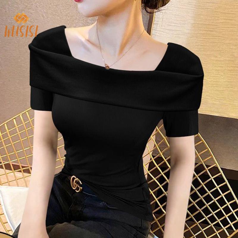 Áo thun ngắn tay cổ vuông màu trơn phong cách Hàn Quốc dành cho nữ