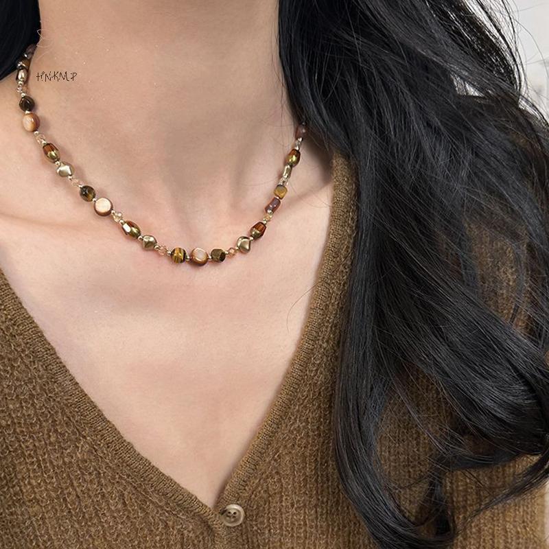 Hổ mắt đá choker handmade nâu tự nhiên, đính hạt - phụ kiện thời trang dành cho nữ