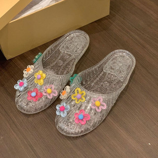 Phiên Bản Hàn Quốc Giày Thạch Thời Trang Dép Nữ Mặc Ngoài Baotou Flat Baotou Giày Trong Suốt Phụ Kiện Hoa Giày Đi Biển