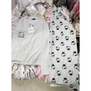 Bộ ngủ cổ tròn cài cúc mặc nhà cho nữ dài tay form rộng họa tiết kitty cute, BỘ CÚC CÀI