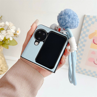 Vỏ da PU hình chó hoạt hình dễ thương có dây buộc Oppo Find N3 N2 Flip Case với vòng tay quả cầu tóc Vỏ cứng chống sốc