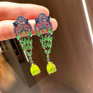 Hàn Quốc Thời Trang Hàn Quốc Zircon Phong Cách Dài Tính Khí Bông Tai Xanh Sang Trọng Bán Buôn