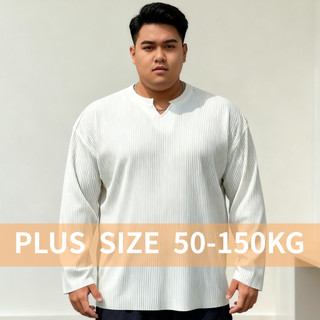 Áo thun nam công sở cổ chữ V, xếp ly sọc, tay dài, thiết kế oversized phù hợp người plus size