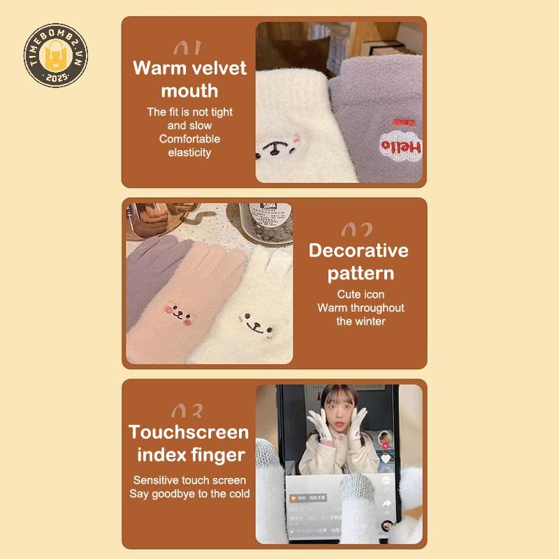Găng tay nhung chồn nữ mùa đông, chống lạnh, ấm áp, dùng được trên màn hình cảm ứng, tiện lợi khi đi xe đạp.