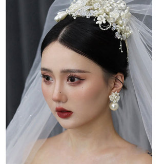 Bông tai ngọc trai retro Pháp và hoa công nghiệp hạng nặng - Phụ kiện cưới sang trọng