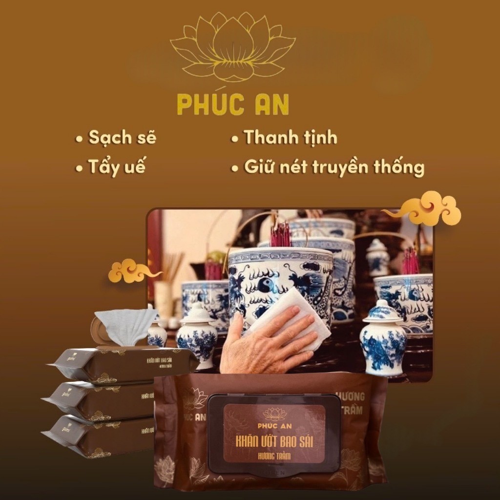 Free Ship - Thùng 10 Gói Khăn Ướt Lau Ban Thờ Phúc An,Khăn Ướt Bao Sái Hương Vị Trầm Tự Nhiên